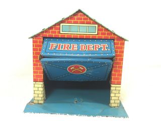 Vintage Sss Sanesu Japan Tin Litho Toy Garage Door Fire Dept Oil Green Blue