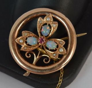 Victorian 14ct Rose Gold Ruby Opal & Seed Pearl Brooch T0164