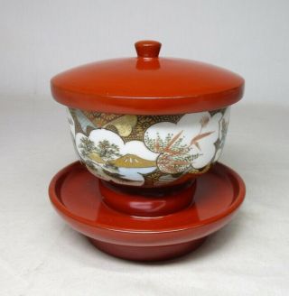 A012: Antique Japanese Kutani Porcelain Yunomi Cup w/ Urushi Lacquer Lid & Stand 3