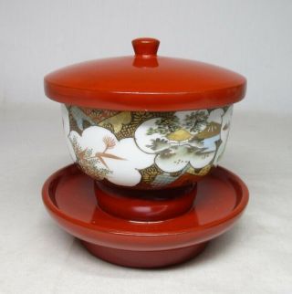 A012: Antique Japanese Kutani Porcelain Yunomi Cup w/ Urushi Lacquer Lid & Stand 6