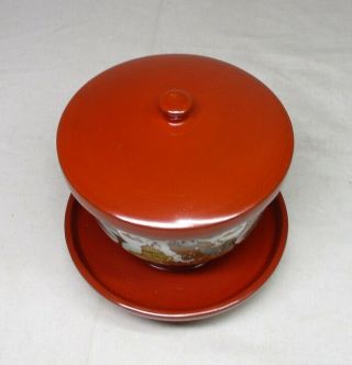 A012: Antique Japanese Kutani Porcelain Yunomi Cup w/ Urushi Lacquer Lid & Stand 7