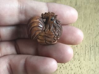 Finely Carved Japanese Boxwood Rooster Netsuke,  Ojime Bead,  Signed 1 Inch