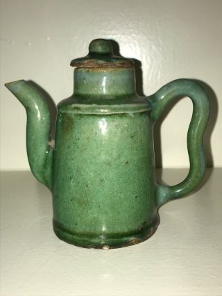 Antique Chinese Green Ceramic / Pottery Teapot / Wine Pot W Wax Seal 2