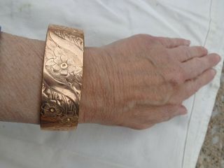 Vintage Victorian Floral Embos Rose Gold Filled Wide Hinged Bangle Cuff Bracelet