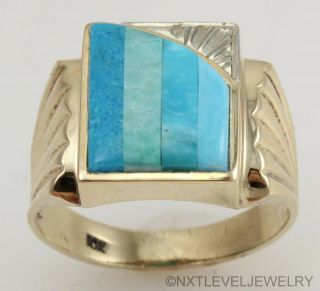 Antique Art Deco Rare Turquoise Stripe Inlay Engraved 10k Solid Gold Men 