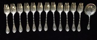 Estate Set Of 12 Durbin Dauphin Repousse Sterling Ice Cream Forks W/ Berry Spoon