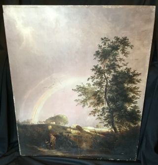Antique 19thC Old Master Pastoral Landscape Oil Painting Rainbow Children Sheep 10
