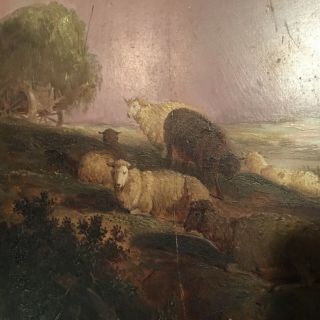 Antique 19thC Old Master Pastoral Landscape Oil Painting Rainbow Children Sheep 2