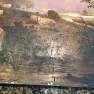 Antique 19thC Old Master Pastoral Landscape Oil Painting Rainbow Children Sheep 7