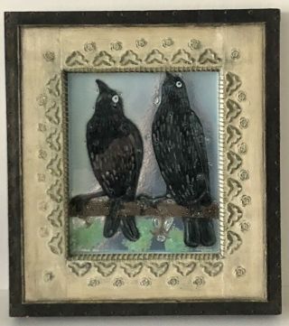 Vintage Mcm M & F Higgins Studio Art Glass Black Raven Framed Wall Plaque Signed