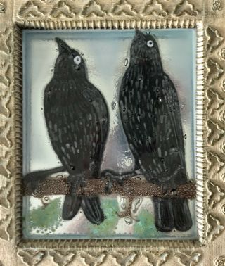 Vintage MCM M & F Higgins Studio Art Glass Black Raven Framed Wall Plaque Signed 2