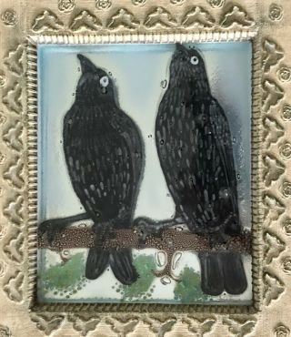 Vintage MCM M & F Higgins Studio Art Glass Black Raven Framed Wall Plaque Signed 4
