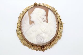 A Large Antique Victorian 15ct Yellow Gold Filigree Angel Cameo Brooch