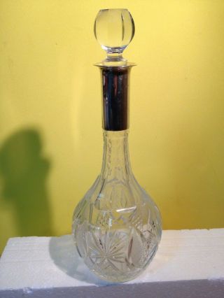 Large Vintage Crystal Glass Decanter With Sterling Silver Neck & Stopper