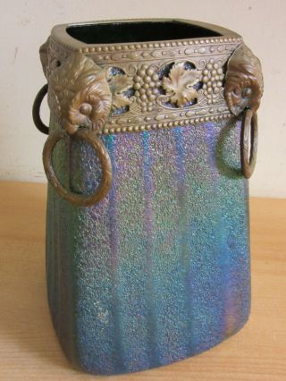 Antique Secessionist Iridescent Art Glass Vase,  Bronze Mounted Owl Heads 8.  5 "
