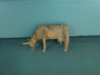 Antique German Putz Paper Mache & Wood Stick Leg Animal Striped Ox Cow 3.  5 " Tr