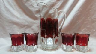 Vintage Pattern Glass Ruby Cut To Clear Water Set Pitcher & 4 Glasses