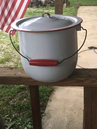 Vintage White Enamel Ware Bucket Diaper Pail w/ Handle Chamber Pot Red Trim 2