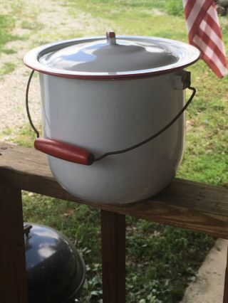 Vintage White Enamel Ware Bucket Diaper Pail w/ Handle Chamber Pot Red Trim 6