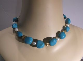 Handmade Vintage 18k Yellow Gold Turquoise & Pearls Beaded Necklace