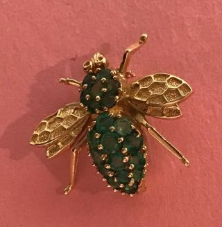 Vintage 14k Gold Bumble Bee Brooch Pin W 20 Emerald Stones Fine Quality Figural