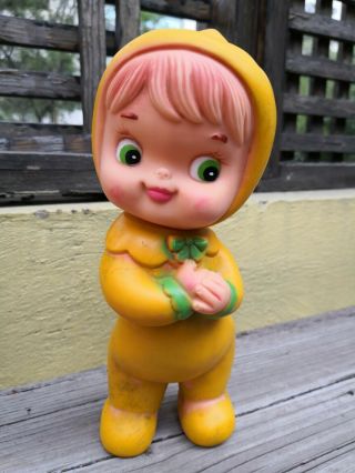 Vtg Rare Mexican Rubber Squeaky 9 " Toy Doll In Yellow Pajamas Green Eyes Squeak