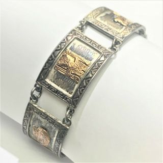 Vintage Peruvian Hinged Sterling Silver 18k Gold Inca Ornate Bracelet