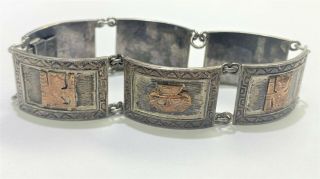 Vintage Peruvian Hinged Sterling Silver 18k Gold Inca Ornate Bracelet 2