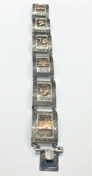 Vintage Peruvian Hinged Sterling Silver 18k Gold Inca Ornate Bracelet 3