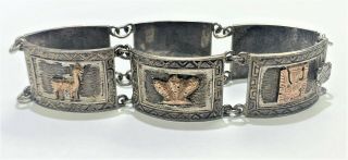 Vintage Peruvian Hinged Sterling Silver 18k Gold Inca Ornate Bracelet 4