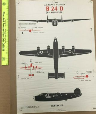 Rare 1942 Ww2 U.  S.  A.  A.  F B - 24 D Liberator Recognition Identification Poster 20x14