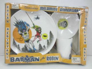 Vintage 1966 Batman & Robin Plate Cup & Joker Bowl Melamine Dinnerware Set