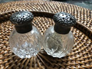 Vintage Pair Cut Crystal Glass Salt Pepper Shakers With Sterling Silver Tops