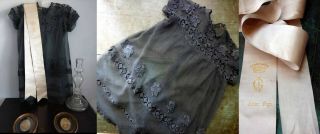 1890 Sublime French Noble Child Black Net Lace Mourning Robe W Memorial Ribbon