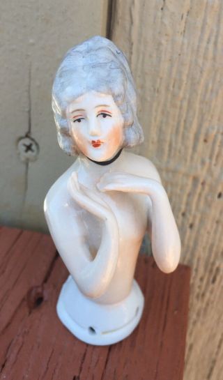 Antique Porcelain Half Doll Made In Germany Nude Pin Cushion Delicate Hands