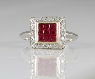 Invisibly Set Natural Bright Red Ruby & Diamond 14k White & Yellow Gold Ring