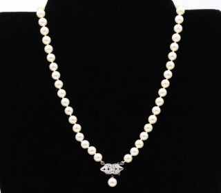 Vintage 18k White Gold European Cut Diamonds Clasp 16 " Long 26.  3g Pearl Necklace