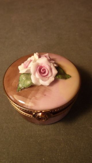 Vintage Hand - Painted Round With Dresden Pink Roses Rochard Limoges Trinket Box