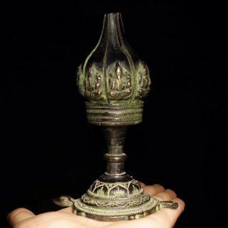 Chinese Antique Tibetan Buddhism Old Copper Lotus Lamp Oil lamp 5
