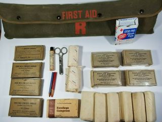Military First Aid Medic Kit Canvas Bag 1940s Bandages Meds Vial Fanny Pack Wrap