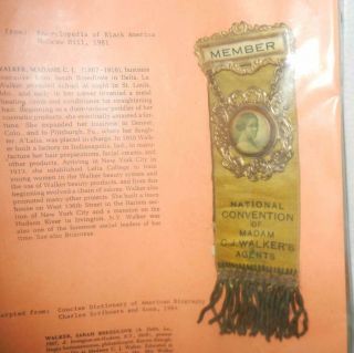 Rare Antique Madame C J Walker Black Americana Convention Ribbon Badge Pin