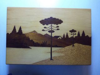 Vintage INLAID WOOD JEWELRY BOX Landscape Image SHAPE 6.  5 x 9.  5 Inches 2