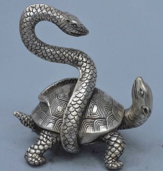 Collectable Art Old Handwork Miao Silver Carve Snake Wrap Around Tortoise Statue