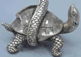 Collectable Art Old Handwork Miao Silver Carve Snake Wrap Around Tortoise Statue 2