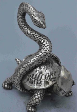 Collectable Art Old Handwork Miao Silver Carve Snake Wrap Around Tortoise Statue 3