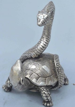Collectable Art Old Handwork Miao Silver Carve Snake Wrap Around Tortoise Statue 4