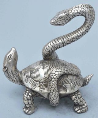 Collectable Art Old Handwork Miao Silver Carve Snake Wrap Around Tortoise Statue 5