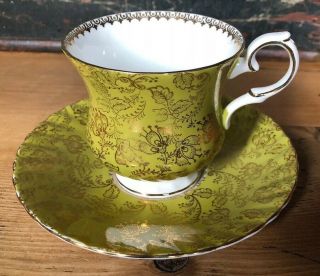 Vintage Tea Cup Saucer Green Gold Elizabethan Fine Bone China England