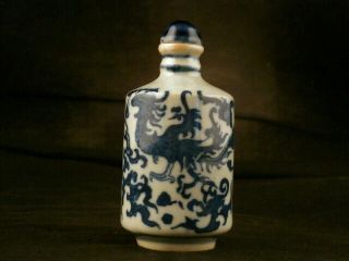 Fine 19thc Chinese Blue & White Porcelain Dragon/phoenix Snuff Bottle Raa018
