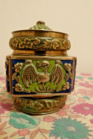 Vintage Chinese Brass Enamelled Tobacco Or Tea Jar With Ornate Crane Bird Design